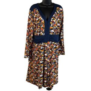 Jessica London Long Sleeve Dress Size 18 Geometric Pattern Blue Gold Fit & Flare